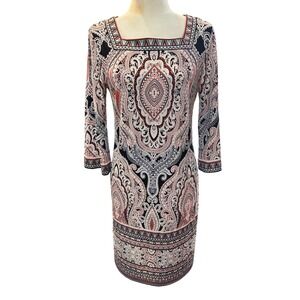 Paisley Print Sheath Dress 3/4 Sleeve Square Neck Midi‎ Elegant